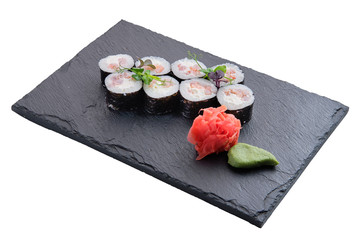 Rolls with shrimps and soft sheese isolated on white