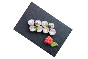 Rolls with shrimps and soft sheese isolated on white