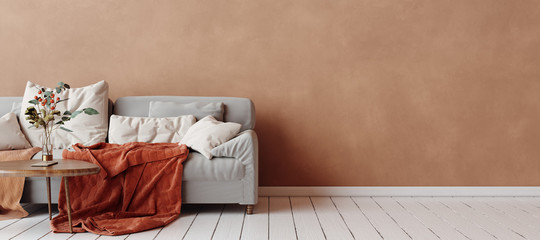 Cozy Scandinavian interior with sofa and minimal decor,3d render