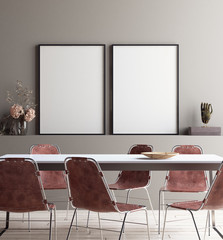 Wall, poster mock up in dining room,  minimalist interior, 3d render