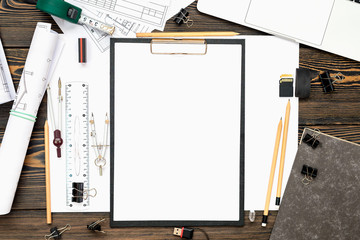 Architectural plans, pencil and ruler on the table. Place for your text