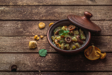 Vegeterian potato and mushrooms stew in a clay pot, copy space