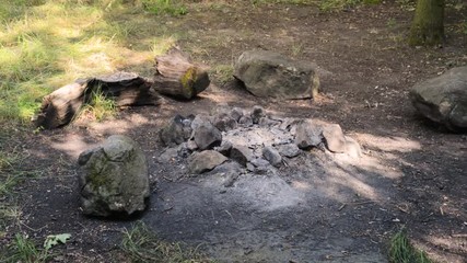 Campfire fireplace fire hole pit made of stones in nature
