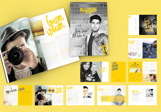 Magazine Layout with Yellow Brushstroke-Style Accents