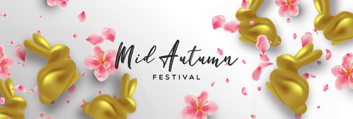 Mid autumn banner gold rabbit and 3d pink flower