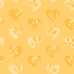 Seamless cutlery and heart pattern. Forks, spoons and knives silhouettes are inside the heart. Background with hand drawn, irregular spots. Easy to edit colors in Illustrator.