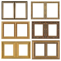 Set of double golden frames (diptych) for paintings, mirrors or photos isolated on white background