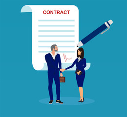 Vector of a business man and businesswoman shaking hands reaching a deal, signing a contract