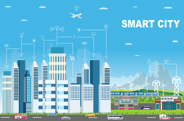 Obraz premium Vector of urban landscape with technology icons connecting modern buildings and different transportation