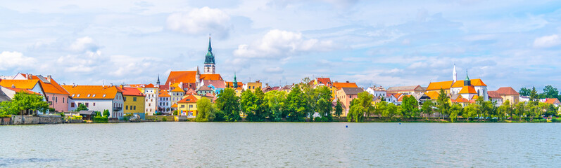 Naklejka premium Jindrichuv Hradec panoramic cityscape with Vajgar pond in the foreground. Czech Republic