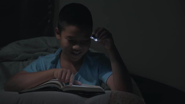 The boy reads a book under blankets with a flashlight at night.