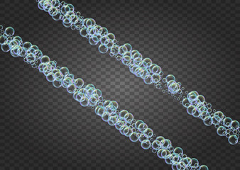 Cleaning foam. Soap bubble. Detergent suds for bath. Shampoo. Trendy spray and splash. Realistic water frame and border. 3d vector illustration poster. Isolated colorful liquid cleaning foam.