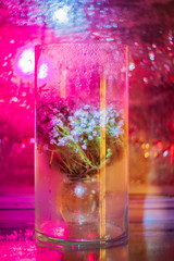 Bush of flowers in glass jar on mirror. Lighting imitates fire from within. Natural highlights of light, bokeh, water drops.