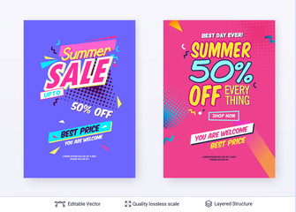 Set of summer season ad posters in pop-art style.