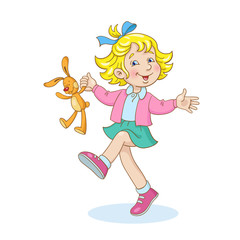 A cute little girl is jumping with a plush rabbit in her hand. In cartoon style. Isolated on white background.