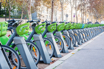 Parking with a large number of electric bikes for renting and driving around the city. Autumn sunny...