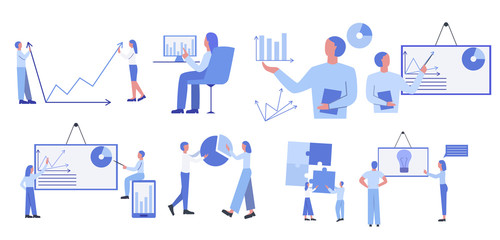 Statistical analysis metaphor set. People analysing charts, connecting puzzles or charts elements. Symbol of financial management, statistics and business report. Flat vector illustration.