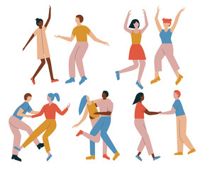 Couples of cartoon characters having fun dancing at a party. Men and women dressed in trendy clothes dancing at club or concert.  Flat vector illustration