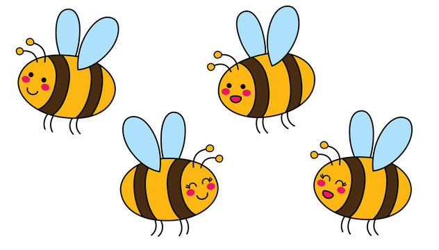 Cut set of cartoon bees hand drawn childish. Vector illustration.