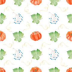 Pumpkin, foliage and berries seamless watercolor raster pattern