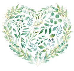 Heart shaped summer foliage, herbarium watercolor raster illustration