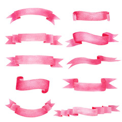 Beautiful rose pink ribbon watercolour raster illustrations set