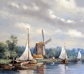 Oil paintings rural landscape, old ship,old windmill. Old village, fine art.