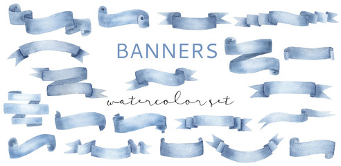 Beautiful cyan blue watercolor banner ribbons set - 281135045