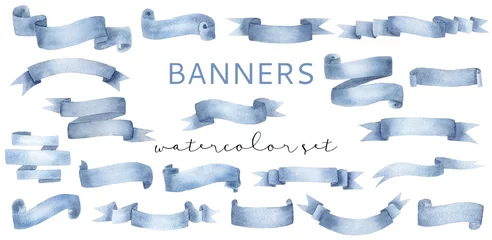Foto op Canvas Beautiful cyan blue watercolor banner ribbons set © tanialerro