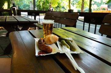 Polish sausage in the park with a beer