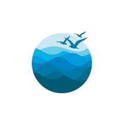 abstract icon of blue ocean waves and seagulls