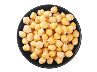 chickpeas in black bowl isolated on white background. top view