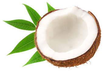 half of coconut with green leaves isolated on white background
