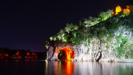 Night view of Elephant Trunk Hill, landmark of famous old city Guilin, China