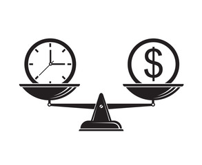 illustration of time is money on scales isolated on white background