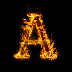 Letter A. Fire flames on black isolated background, realistick fire effect with sparks. Part of...