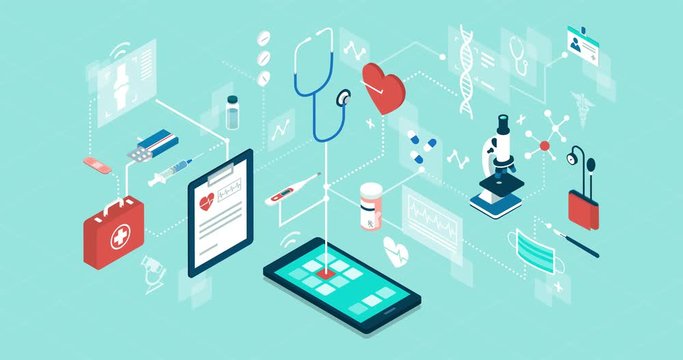 Telemedicine, medical app and online healthcare services, isometric network of concepts