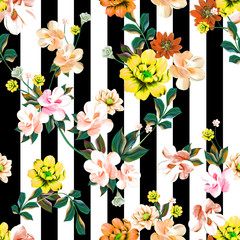Pattern with spring flowers Pattern with spring flowers with branch, on black background with flower silhouette