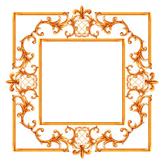 Baroque style elements. Watercolor hand drawn vintage engraving floral scroll filigree design frame.