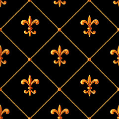 Baroque golden elements ornamental seamless pattern. Watercolor hand drawn gold element texture on black background.