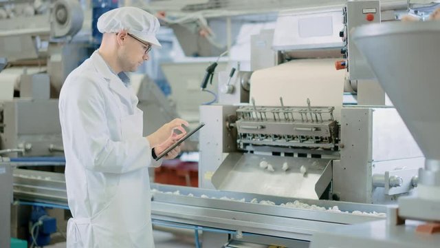 Young Male Quality Supervisor or Food Technician is Inspecting the Automated Production at a Dumpling Factory