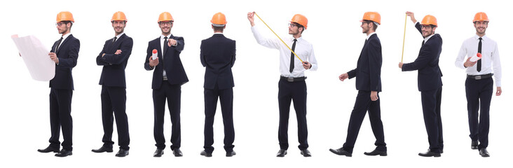 panoramic photo collage of confident architect isolated on white