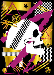 White skull head with abstract background, gold and pink
