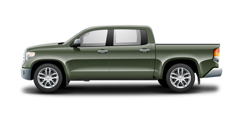 Khaki Pickup Truck Isolated On White Background. Red Generic SUV Car. Off Road SUV Or Crossover. Side View With Isolated Path. © Hennadii