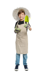 Cute little gardener on white background