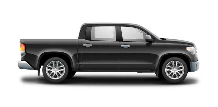 Black Pickup Truck Isolated On White Background. Red Generic SUV Car. Off Road SUV Or Crossover. Side View With Isolated Path.