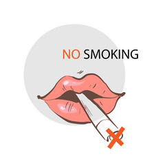 Lips with cigarette. No smoking sign slogan. vector illustration.