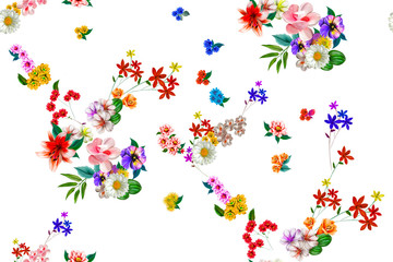 Digital painting of leaf and flowers, seamless pattern 