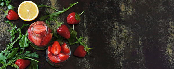 Strawberry arugula drink. A refreshing cocktail with strawberries. Detox drinks, keto drinks. Diet life style.