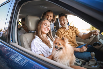 Happy family with dog travelling by car